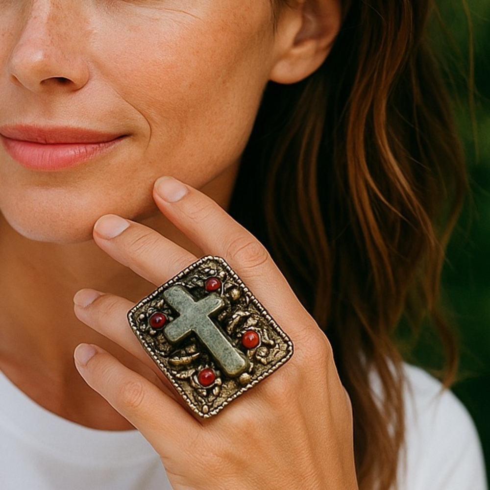 Statement Ring Silver Filagree Aventurine Cross w/4 Red Coral Stones Adjustable